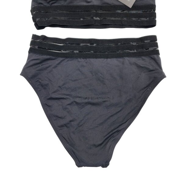Tempt Me Womens Black High Waist Bikini Set Mesh Panel Striped Details Size S - Picture 6 of 7